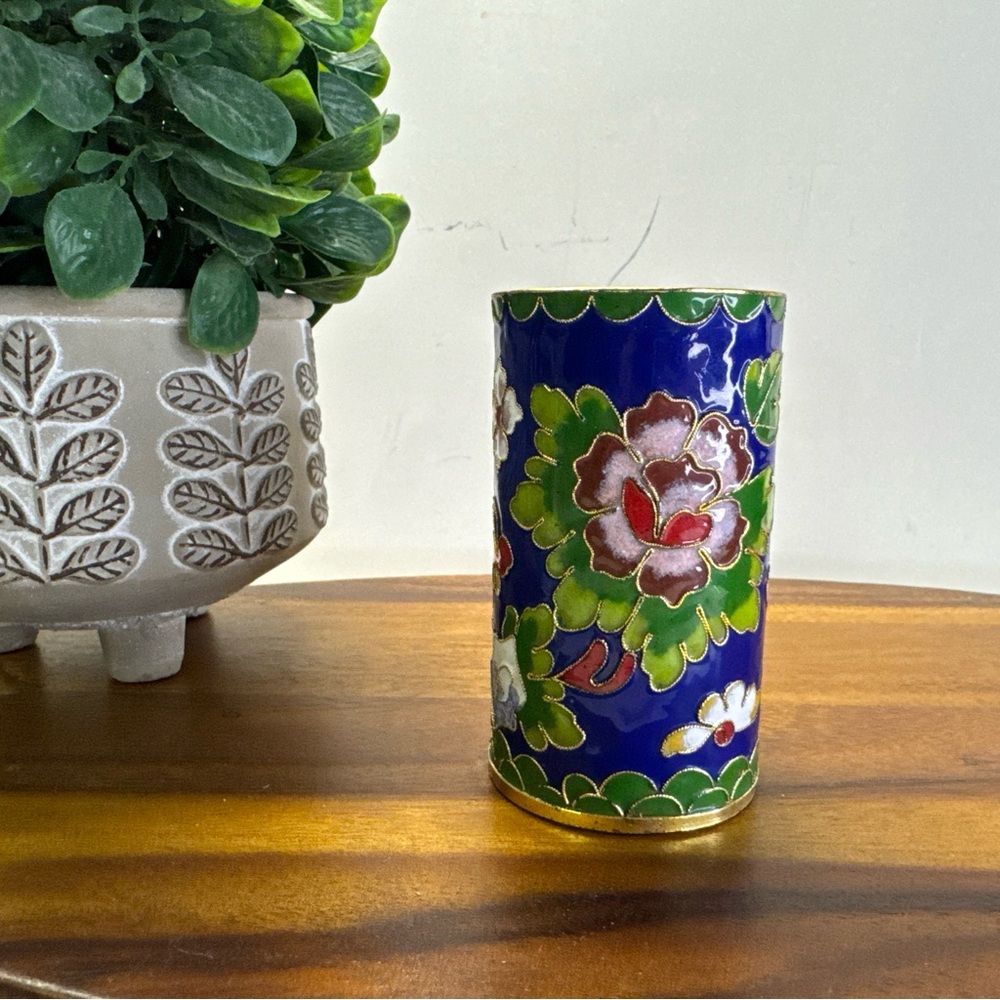 Chinese Cloisonné Enamel Brushes Pot Royal Blue Floral
